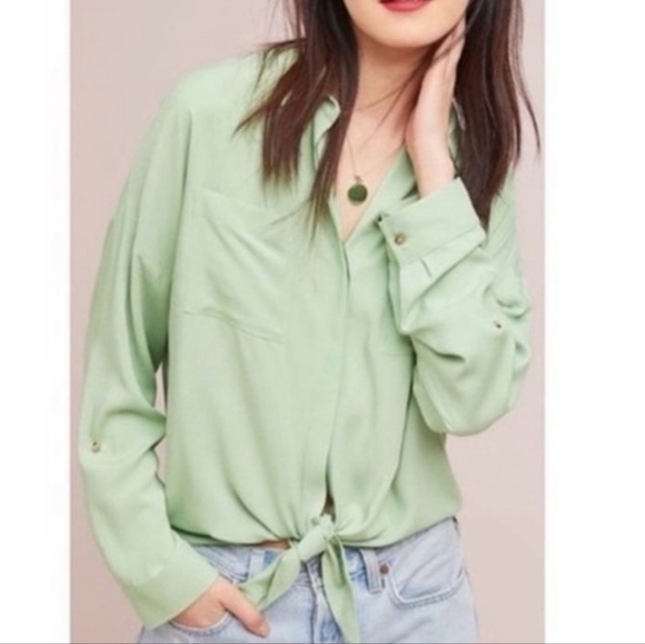 Anthropologie Maeve Celadon Green Button Tie Front Blouse - Picture 1 of 11